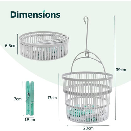 JVL Round Collapsible Peg basket with Plastic Pegs, Pack of 50, Multicolor, One Size, (19-217), Aqua Clothes Pegs White / Grey
