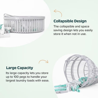 JVL Round Collapsible Peg basket with Plastic Pegs, Pack of 50, Multicolor, One Size, (19-217), Aqua Clothes Pegs White / Grey