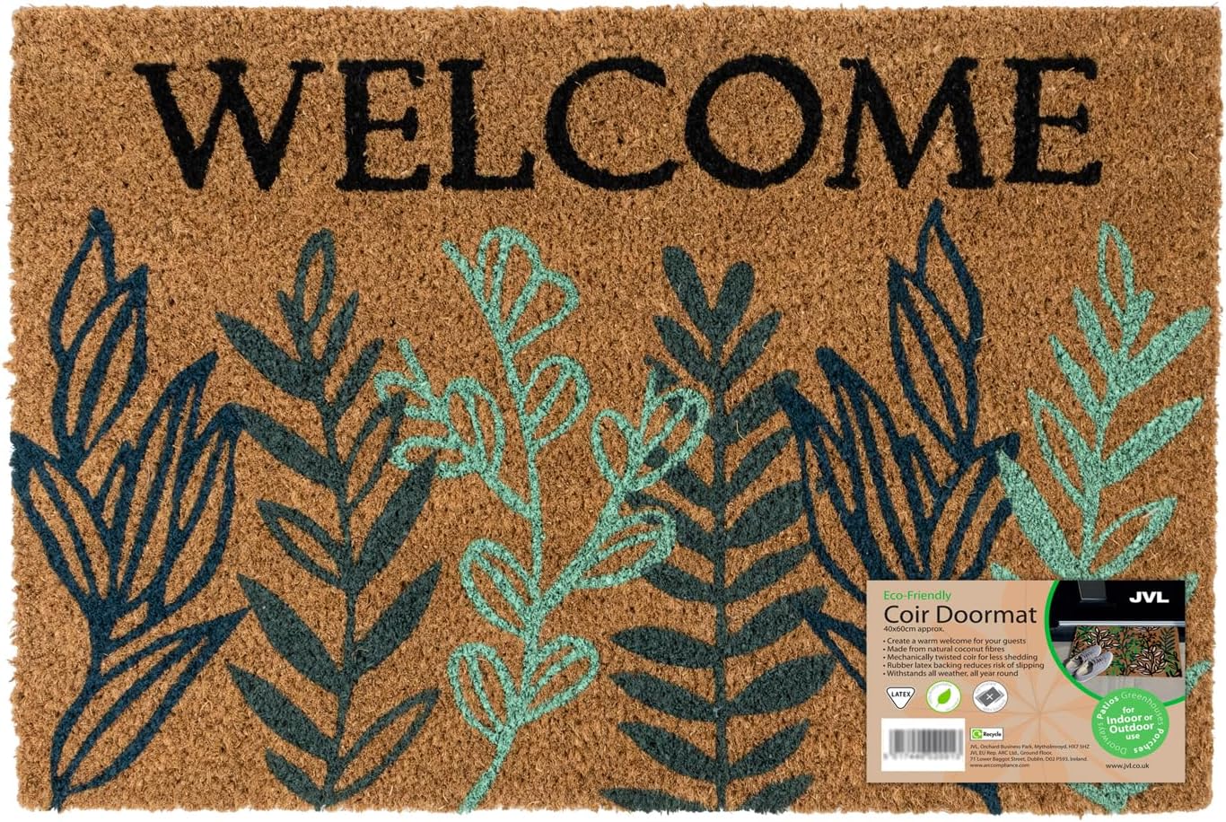 JVL Latex Backed Coir Doormat, 40x60cm - Welcome Leaves