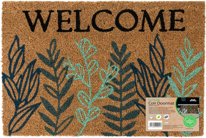 JVL Latex Backed Coir Doormat, 40x60cm - Welcome Leaves