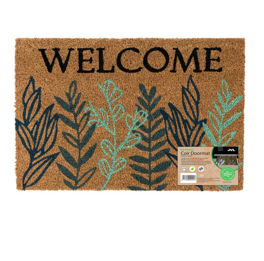 JVL Latex Backed Coir Doormat, 40x60cm - Welcome Leaves