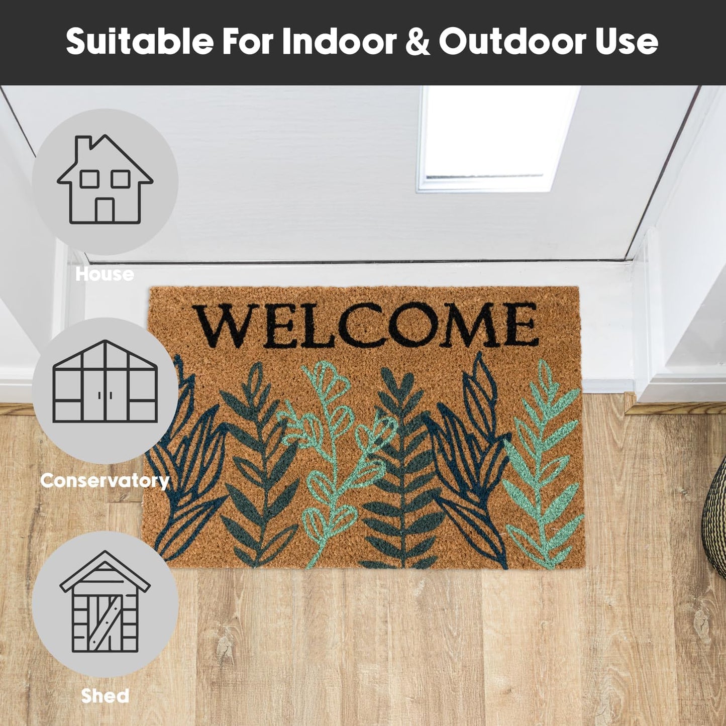 JVL Latex Backed Coir Doormat, 40x60cm - Welcome Leaves