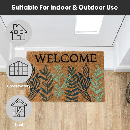 JVL Latex Backed Coir Doormat, 40x60cm - Welcome Leaves