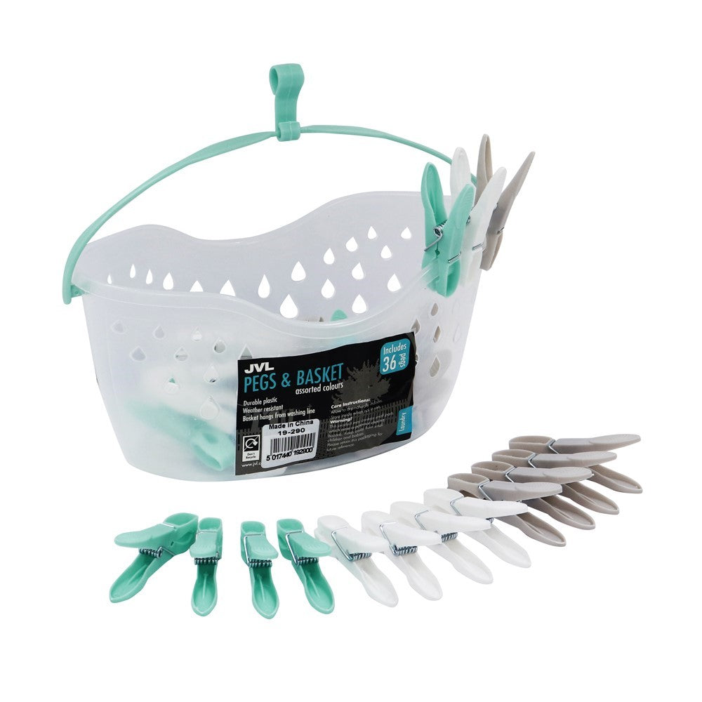 JVL Strong hanging 36 plastic clothes pegs with clear basket and hook, Aqua, Grey, White, One Size,