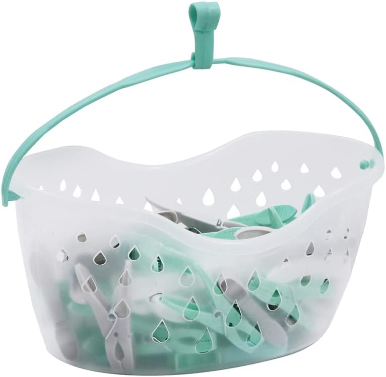 JVL Strong hanging 36 plastic clothes pegs with clear basket and hook, Aqua, Grey, White, One Size,