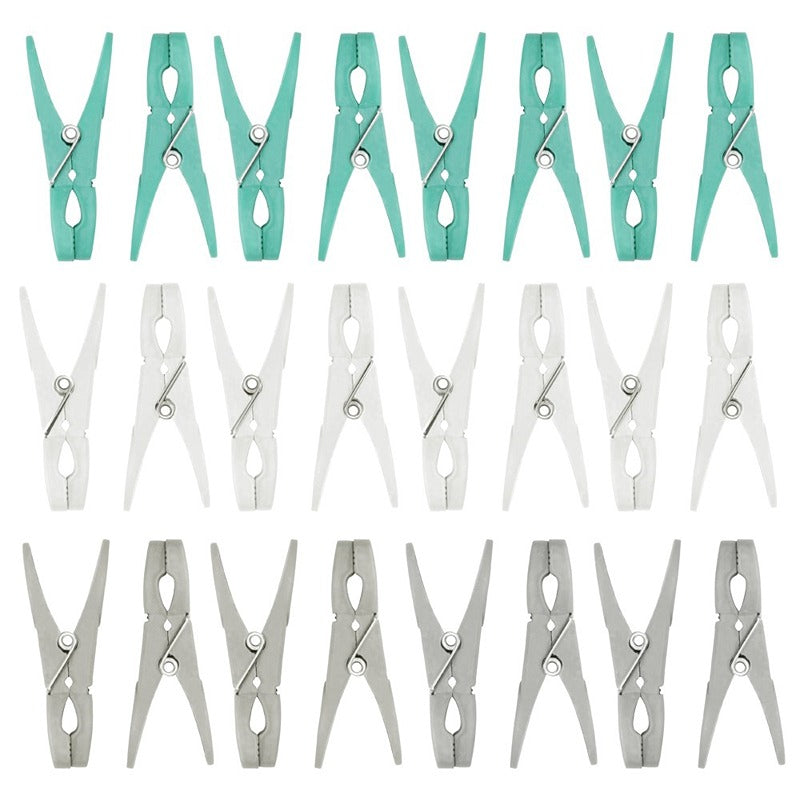 JVL Strong hanging 36 plastic clothes pegs with clear basket and hook, Aqua, Grey,, One Size White / Green