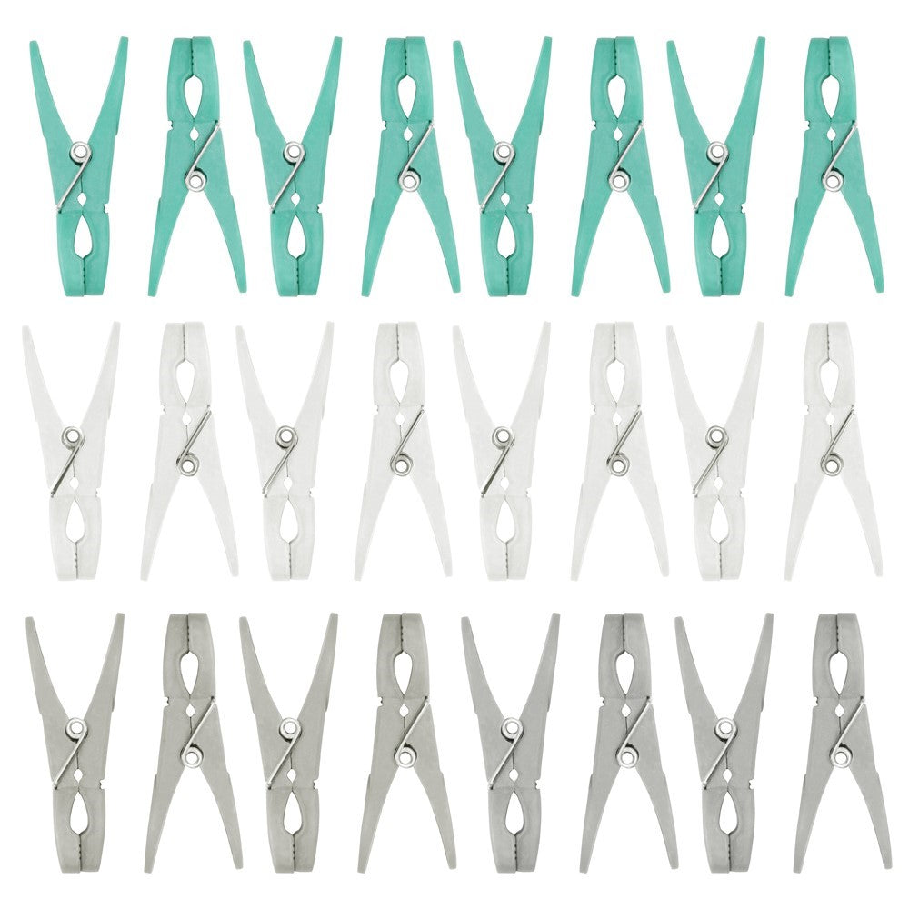 JVL Strong hanging 36 plastic clothes pegs with clear basket and hook, Aqua, Grey, White, One Size,