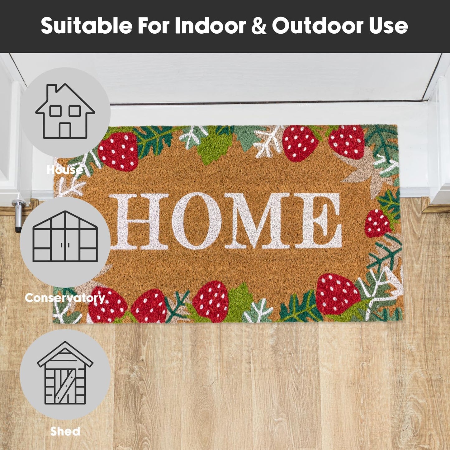 JVL Eco-Friendly Latex Backed Coir Entrance Doormat, 40x70cm - Strawberry Fields