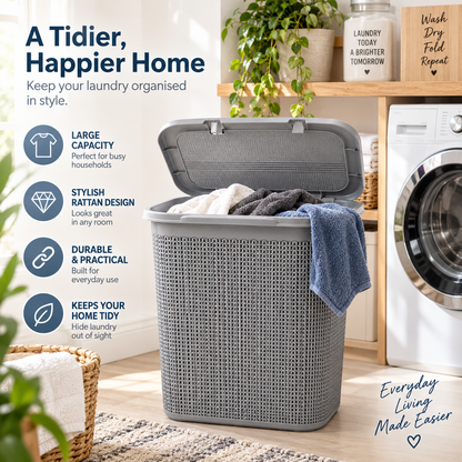 JVL Loop Laundry Basket Plastic Rectangular Lidded - 50 Litres