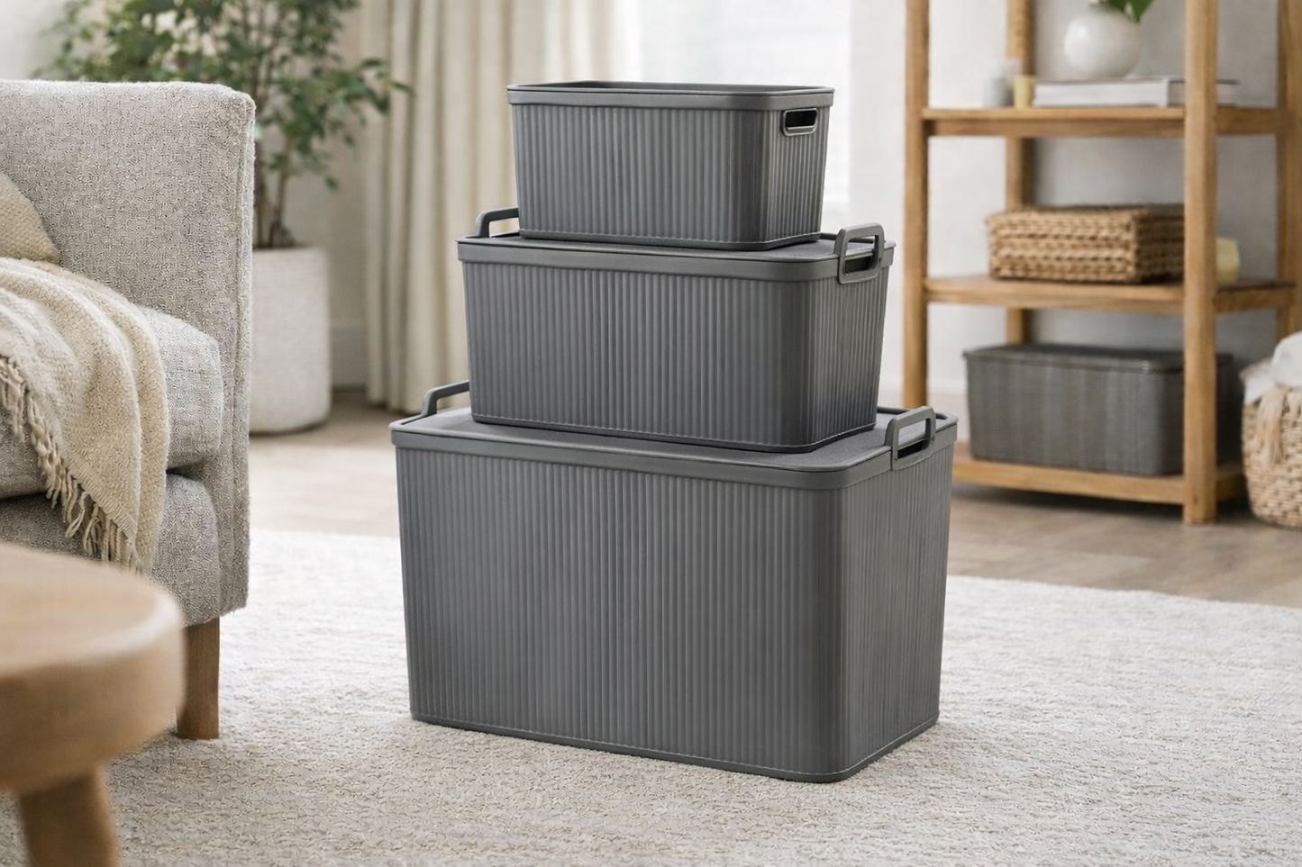 Stackable Storage box Ribbed Grey