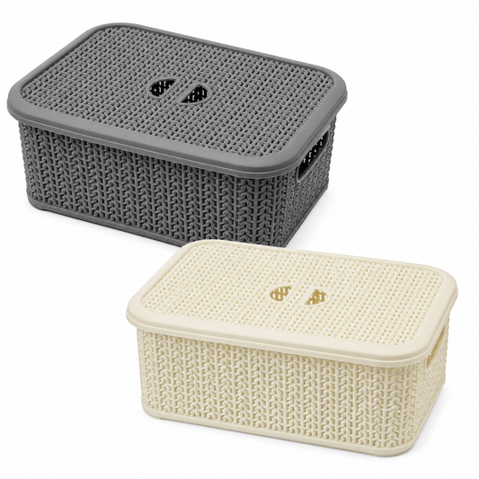 JVL Knit Design Loop Plastic Rectangular with Lid Storage Basket with Handles - 6 Litre