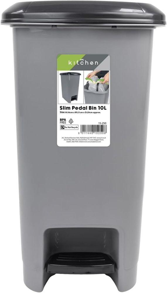 JVL Slim Plastic Lidded Foot Pedal Waste Bin, Grey