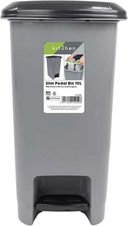 JVL Slim Plastic Lidded Foot Pedal Waste Bin, Grey