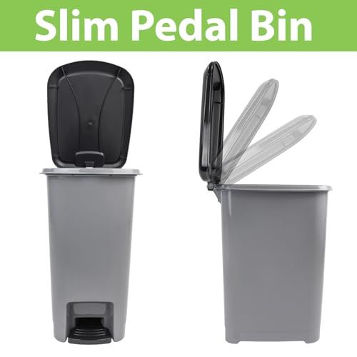 JVL Slim Plastic Lidded Foot Pedal Waste Bin, Grey